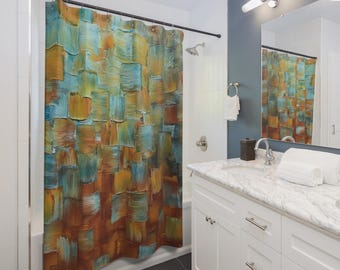 Abstract Brown Blue Teal Shower Curtain, Modern Art Bathroom Decor, Polyester Fabric Bath Curtain