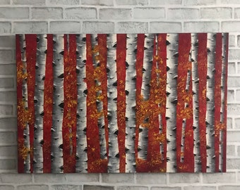 Autumn Birch Tree Painting: Original Red Landscape Acrylic Canvas Art
