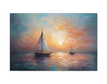 Mattes Leinwandbild, Segelboote im Sonnenuntergang, maritimes Strandhaus-Motiv