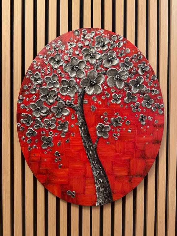 ORIGINAL Art, Metallic Silver Cherry Blossom Tree Painting, Oval Canvas Wall Decor, impasto painting