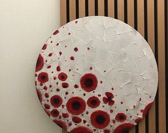 Red Poppies Impasto Painting, Heavy Texture Palette Knife Art, Round Canvas