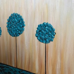 May include: Abstract painting with a teal background and three teal trees with black trunks. The trees are stylized and have a textured look. The background is a light brown with a hint of yellow.