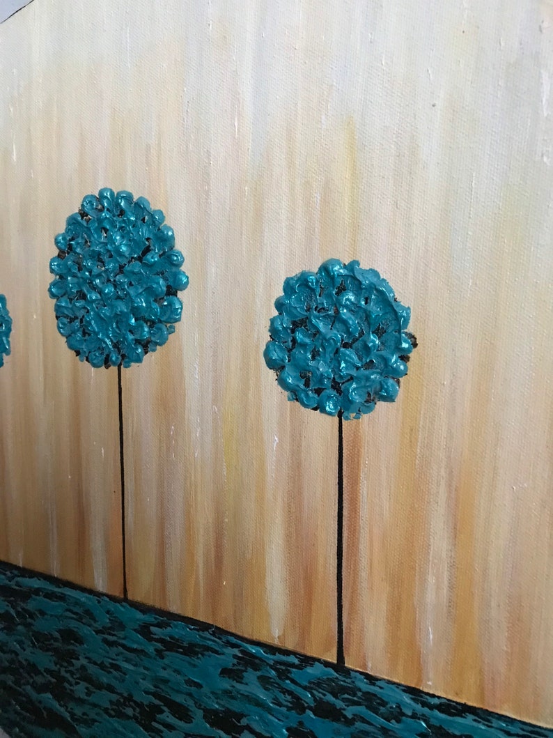 May include: Abstract painting with a teal background and three teal trees with black trunks. The trees are stylized and have a textured look. The background is a light brown with a hint of yellow.