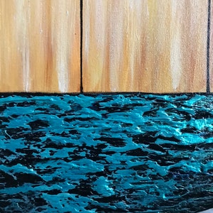May include: A close-up of a teal blue and black textured surface. The surface is painted to look like water.
