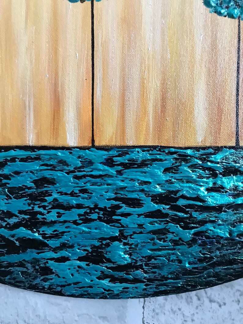 May include: A close-up of a teal blue and black textured surface. The surface is painted to look like water.