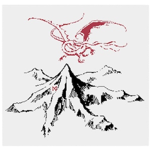 Pode incluir: Uma ilustra&ccedil;&atilde;o em preto e branco de uma montanha com um drag&atilde;o vermelho voando acima.