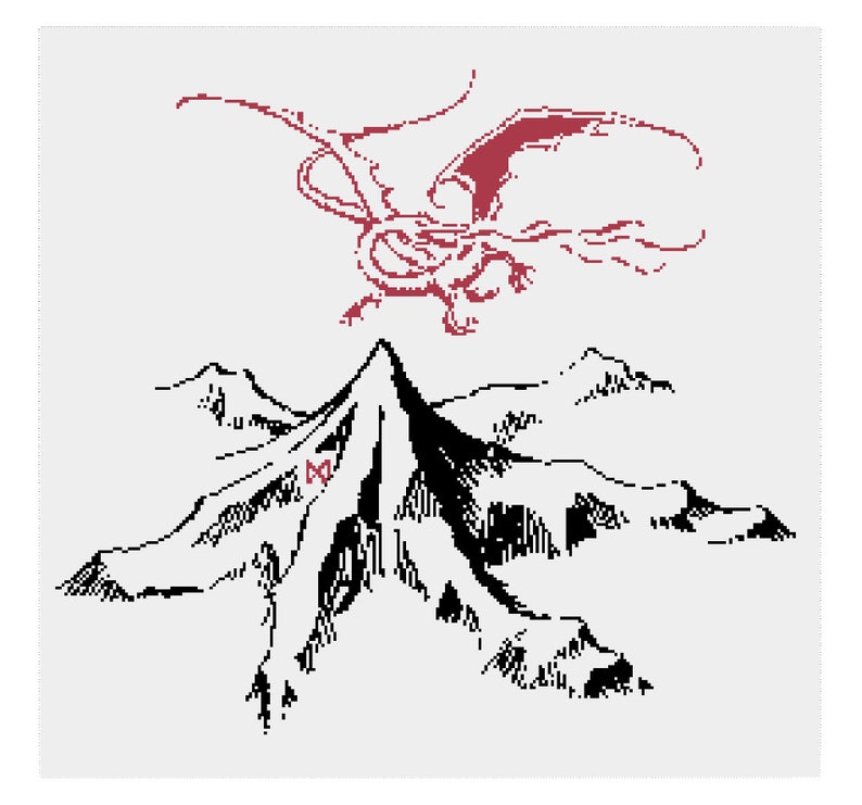 Pode incluir: Uma ilustra&ccedil;&atilde;o em preto e branco de uma montanha com um drag&atilde;o vermelho voando acima.