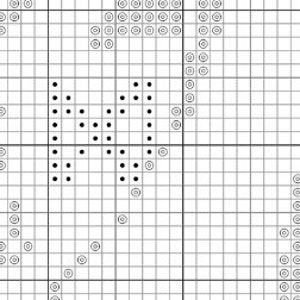 Pode incluir: Padr&atilde;o de ponto cruz preto e branco com uma imagem estilizada de um gato com um cora&ccedil;&atilde;o no peito.