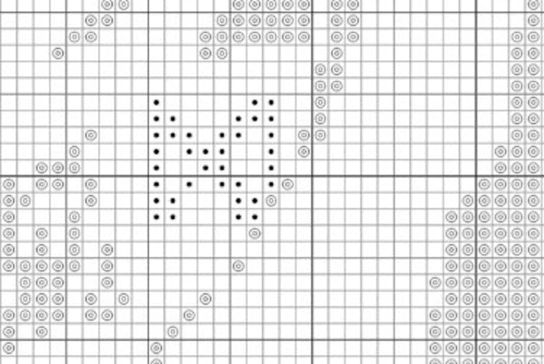 Pode incluir: Padr&atilde;o de ponto cruz preto e branco com uma imagem estilizada de um gato com um cora&ccedil;&atilde;o no peito.