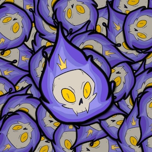 May include: A repeating pattern of purple flame-shaped stickers with a gray skull and yellow eyes. Each skull is wearing a gold crown.