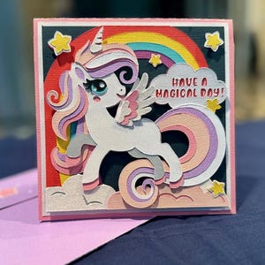 MAGICAL UNICORN Greeting Card with a Castle Pop-Up -80 lb cardstock ~ Handmade Envelope included
