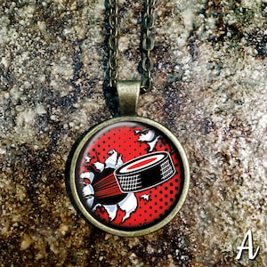 Hockey Necklace, Ice Hockey Necklace, Goalie Necklace, Hockey Puck Necklace, Sports Glass Pendant, Athlete Glass Pendant P135