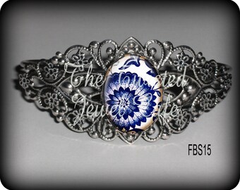 Blue Porcelain Filigree Cuff Bracelet, Antique Blue China Silver Cuff, Antique Brass Cuff Bracelet, Choice of 4 Designs and 2 Finishes