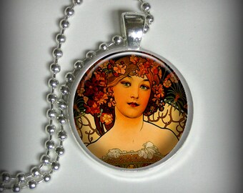 Mucha Flower Pendant Charm, Resin Necklace, Image Pendant, Art Nouveau Necklace Pendant (p14)