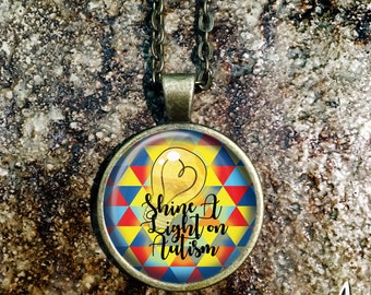 Autism Awareness Necklace, Autism Pride Necklace, Autism Mom Necklace, Love Needs No Words Necklace, Autism Glass Pendant P131