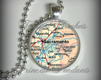 Sacramento California Map Pendant in Silver, Road Map Pendant, City Pendant, Image Pendant (p152)
