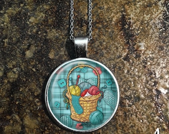 Knitting Necklace, Crafting Necklace, Crocheting Necklace, Born to Knit Necklace, Knitting Glass Pendant, Knitter Necklace P130