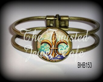 Fleur De Lis Hinged Cuff Bracelet - French Royalty Cuff Bracelet, Silver, Antique Brass or Gunmetal, Choice of 3 Images