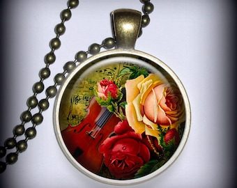 Cello and Rose Pendant Charm, Resin Necklace, Music Necklace Pendant (p70)