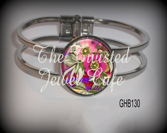 Flower Hinged Cuff Bracelet - Floral Cuff Bracelet, Silver, Antique Brass or Gunmetal, Choice of 3 Images
