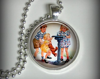 Vintage Dick and Jane Pendant Charm, Resin Necklace, Image Pendant, Necklace Pendant (p36)
