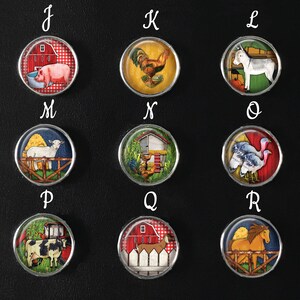 May include: A set of 10 round, silver-rimmed, glass cabochons with colourful farm-themed images. The images include a pig in a red barn, a rooster, a white horse, a lamb, a chicken coop, a turkey, a dachshund, a farmhouse, a horse, and a rooster.