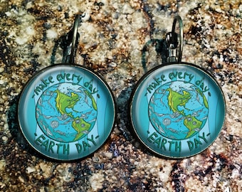 Earth Day Earrings, Planet Earth Earrings, Reduse, Reuse, Recycle Earrings, Earth Gift, Earth Jewelry, Earth Day Jewelry - P116