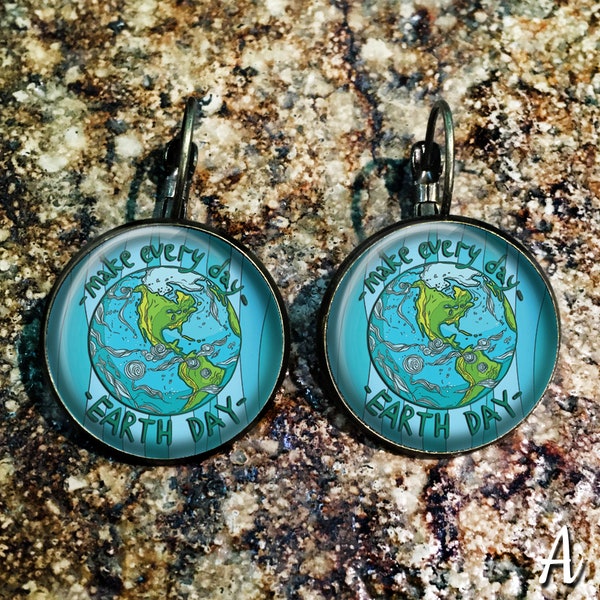 Earth Day Earrings, Planet Earth Earrings, Reduse, Reuse, Recycle Earrings, Earth Gift, Earth Jewelry, Earth Day Jewelry - P116