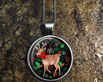 Country Christmas Necklace, Cardinal Necklace, Christmas Tree Necklace, Holiday Necklace, Christmas Presents Glass Pendant P142