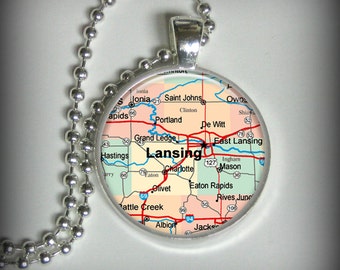 Lansing Michigan Map Pendant in Silver, Road Map Pendant, City Pendant, Image Pendant (p167)