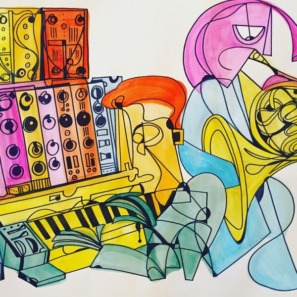 Junius en Julia: Synthesizer en Franse hoornspeler-14 x 17 inkt en aquarel stuk