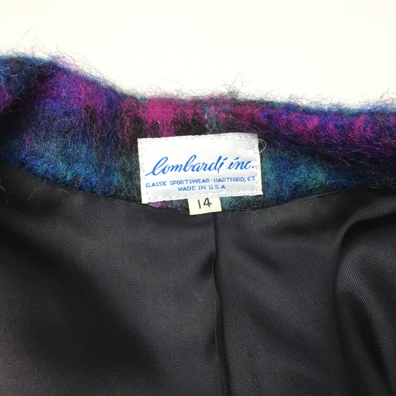 Lombardi Blazer Womens 14 Vintage 80s Purple Green Black Plaid Open Front Jacket