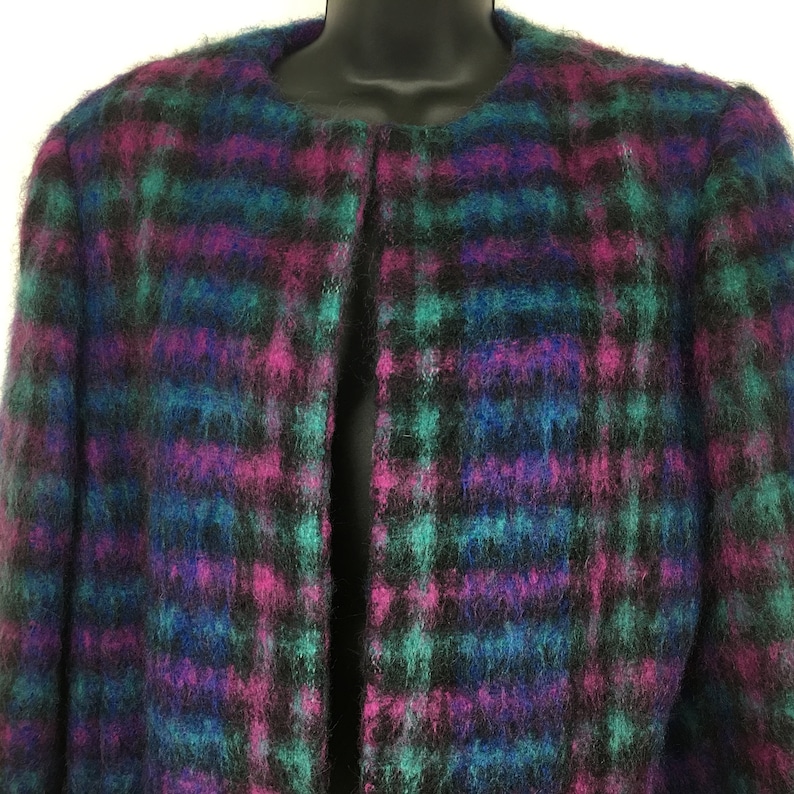 Lombardi Blazer Womens 14 Vintage 80s Purple Green Black Plaid Open Front Jacket