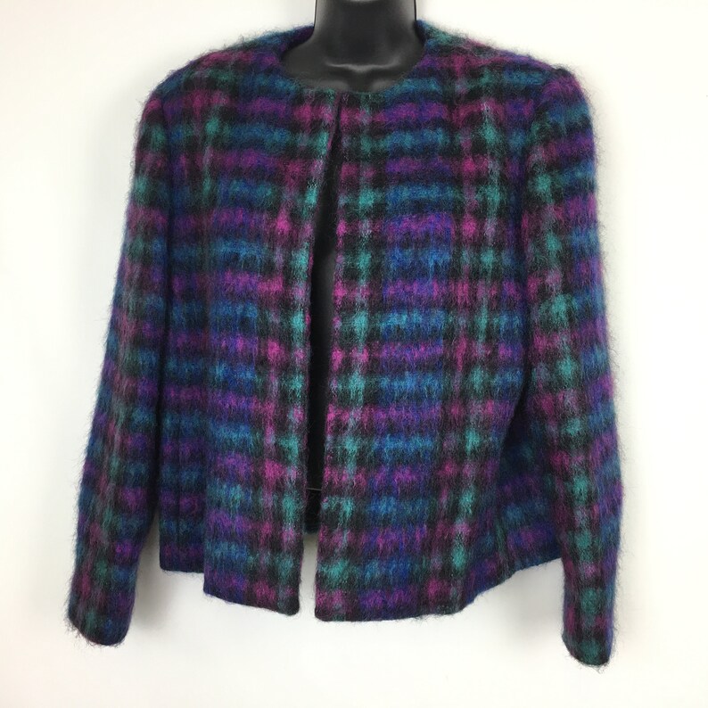 Lombardi Blazer Womens 14 Vintage 80s Purple Green Black Plaid Open Front Jacket