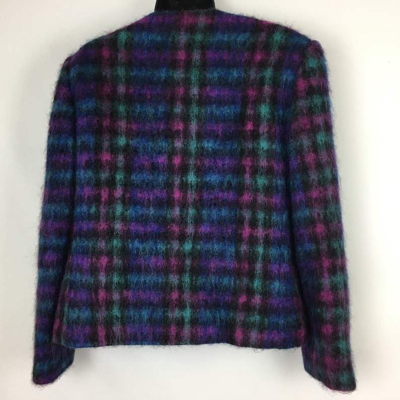 Lombardi Blazer Womens 14 Vintage 80s Purple Green Black Plaid Open Front Jacket