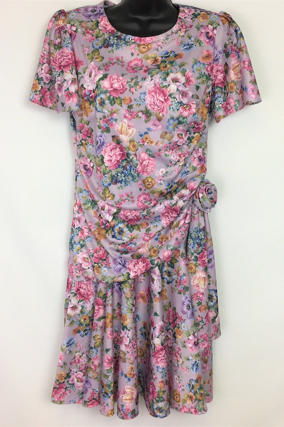 Vintage Womens Dress Medium, 80s Purple Floral Shi
