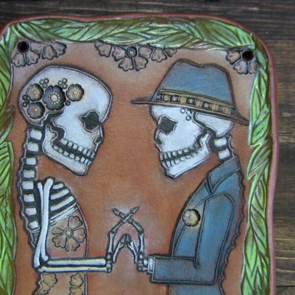 Day of The Dead Wedding Tile, Dia De Los Muertos Art, Home Decor, Ceramic Tile, Ready to Ship