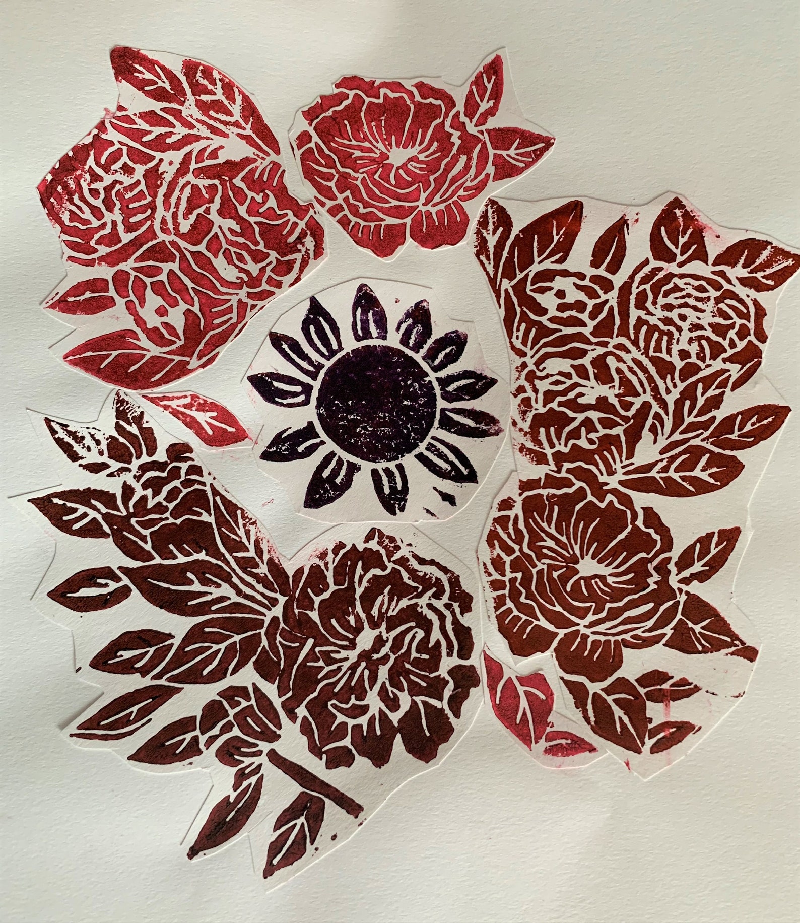 Red Rose Peony Floral Linoleum Print Flower Art Etsy
