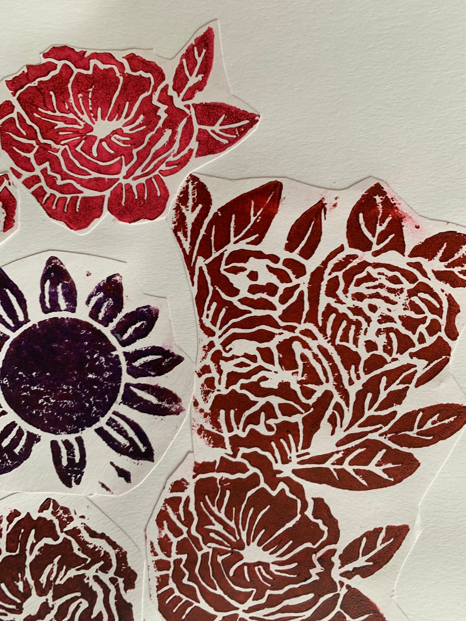 Red Rose Peony Floral Linoleum Print Flower Art Etsy