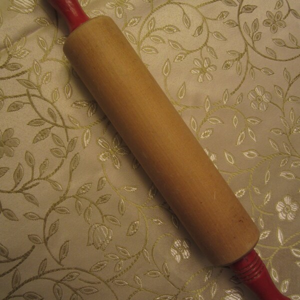 Red Handled Wooden Rolling Pin Mid Century Baking Tool