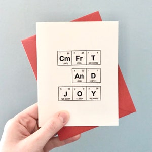 Tarjeta navideña de consuelo y alegría, tarjeta navideña de química, tarjeta de felicitación de la tabla periódica de los elementos