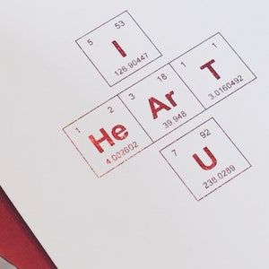 Red Metallic Foil Love Card / Periodic Table of the Elements “I HeArT U” / Sentimental Elements Love Card