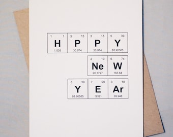Biglietto di auguri di Capodanno a tema chimica, gioco di parole scientifico
