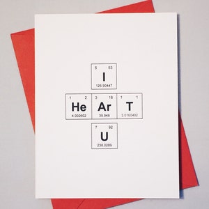 I Heart U Periodic Table of the Elements &quot;I HeArT U&quot; Geek Love Card / Sentimental Elements / Chemistry Card for Adorkable Couple