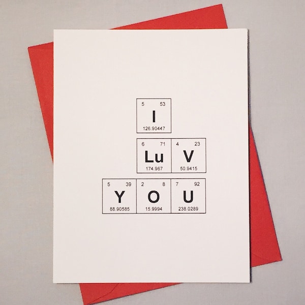 Adorkable Chemistry Card Periodic Table of the Elements "I Luv You" Anniversary / Chemistry Card / Sentimental Elements / Science Wedding