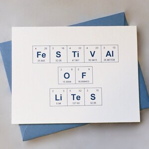 Tarjeta de Hanukkah, tarjeta de la tabla periódica con lámina metálica azul del Festival de las Luces, tarjeta de Hanukkah con elementos sentimentales