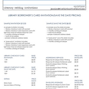 A detailed cost sheet for theBirdandtheBeard’s Library Borrower’s Card save the dates and invitations.