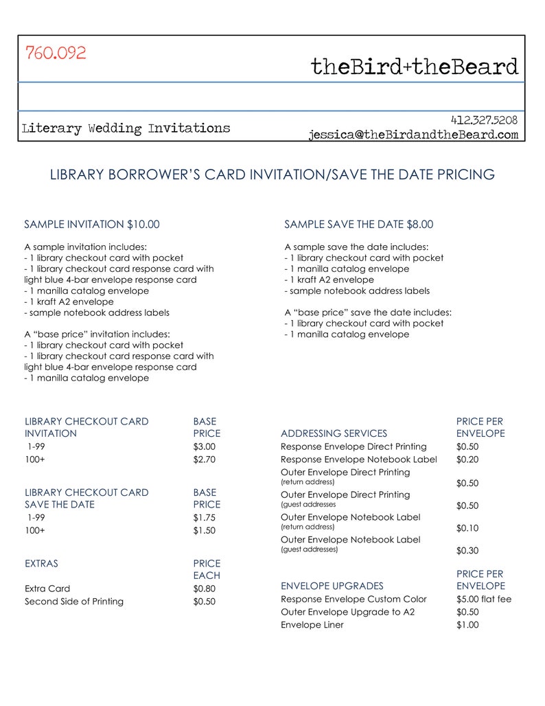 A detailed cost sheet for theBirdandtheBeard’s Library Borrower’s Card save the dates and invitations.