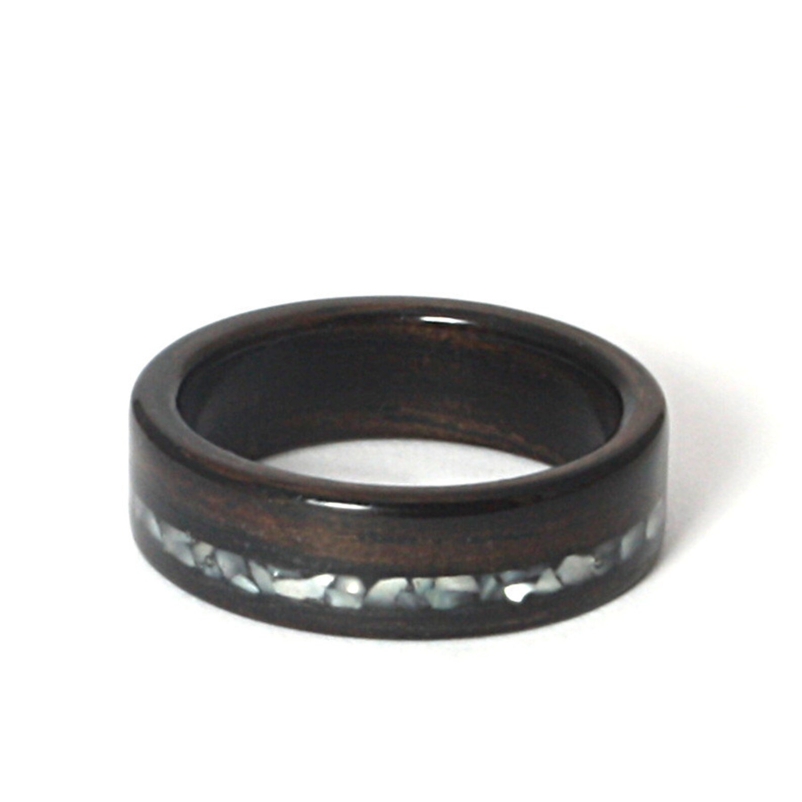 Ebony Wooden Wedding Ring With Offset Crushed Pearl Inlay Etsy