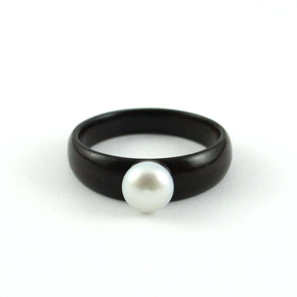 Wooden Engagement Ring in Ebony Set With Single Pearl Etsy